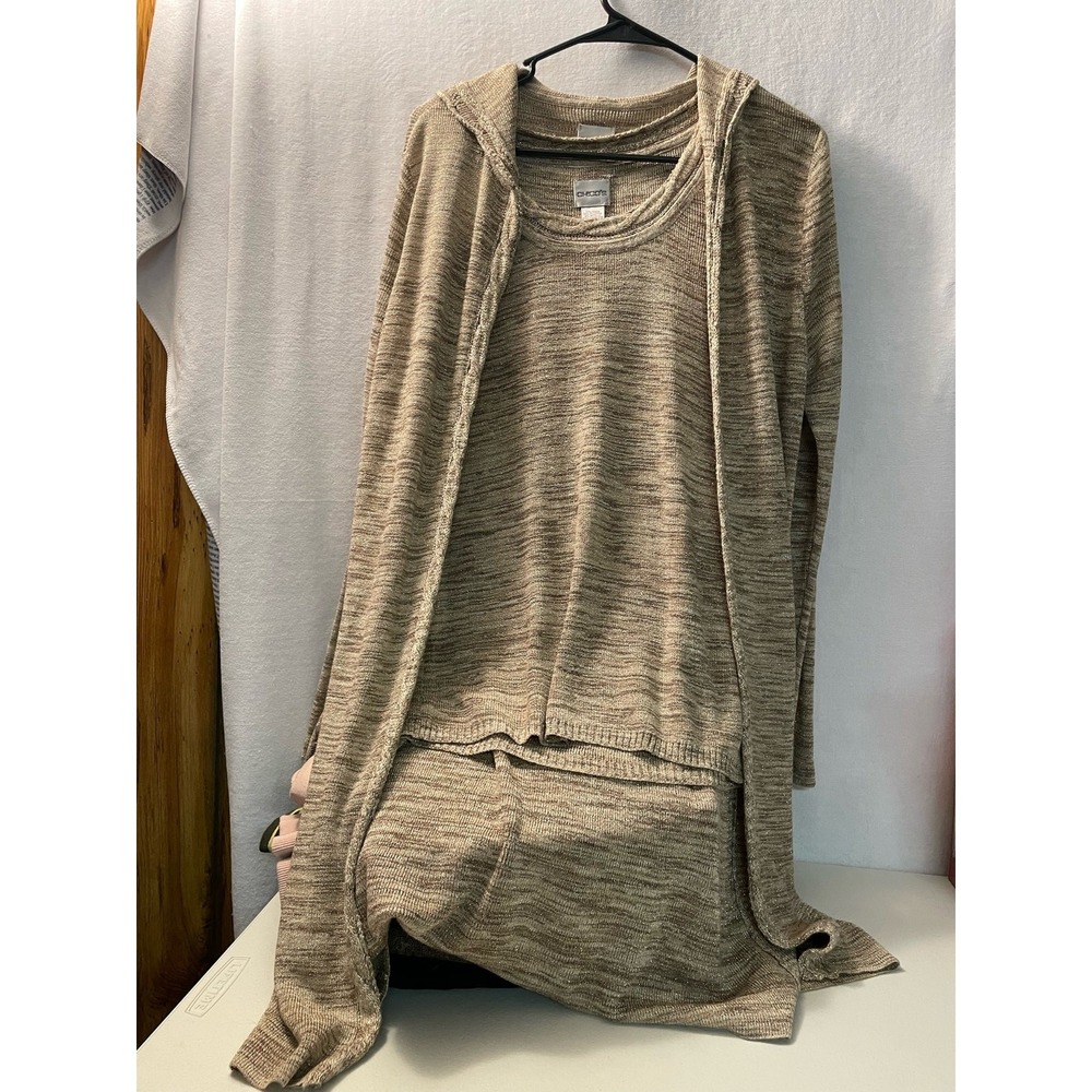 CHICOs Sweater Set 2 Pc tan white gold long sleeve hood tank top Sz 1 designer